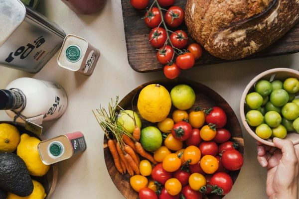 Fresh fruits and vegetables arranged on a table