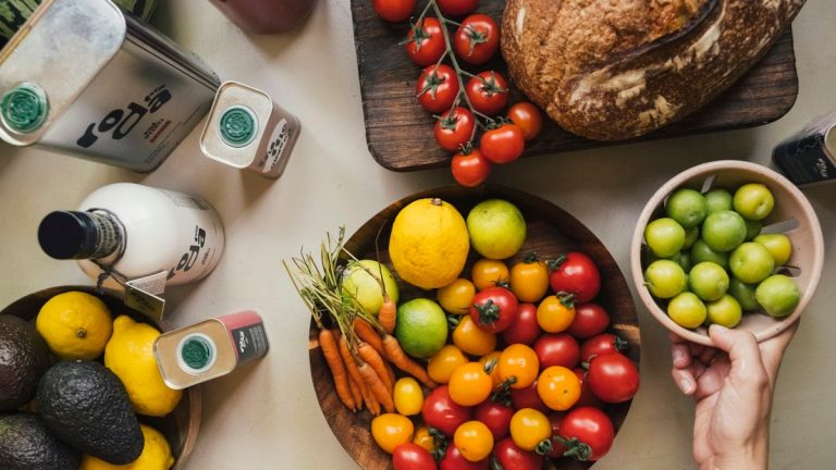Fresh fruits and vegetables arranged on a table